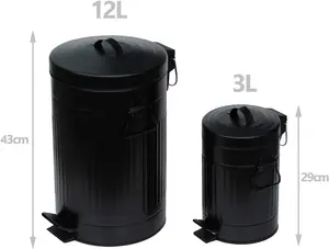 simpa Black 2PC Metal Pedal Dustbin 12L & 3L Set