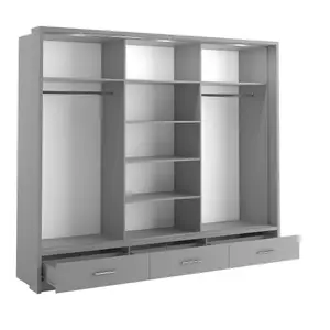 LUX XXIII - Modern Grey Mirrored Sliding Door Wardrobe (H2150mm W2500mm D630mm) with Drawers and LED Lighting