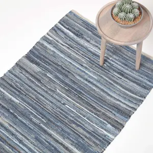 Homescapes Blue Denim Handwoven Striped Chindi Rug, 60 x 90 cm