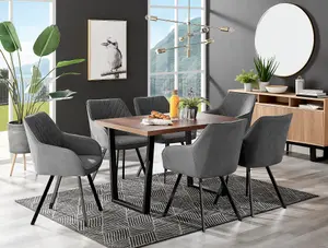 Furniturebox Kylo Brown Rectangular Wood Effect Dining Table & 6 Dark Grey Fabric Falun Black Leg Chairs