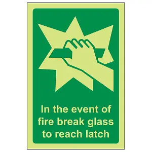 Event Of Fire Break Glass To Reach Latch Sign - Glow in the Dark - 100x150mm (x3)