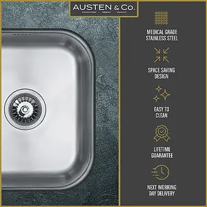 Austen & Co. Lucca Stainless Steel Undermount Single Bowl Kitchen Sink, Lifetime Guarantee, Easy To Clean, Fast & Free Delivery