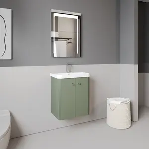 Wall Hung 2 Door Vanity Unit with Ceramic Sink - 500mm - Satin Green