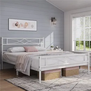 Yaheetech White 4ft6 Double Metal Bed Frame with Curved Design Headboard and Footboard