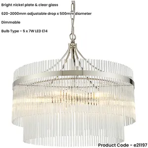 Multi Arm Hanging Ceiling Pendant Light - Bright Nickel Plate & Clear Glass - 5 X 7W LED E14