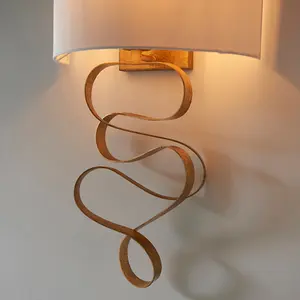 Gold Leaf Ribbon Wall Light & Ivory Half Shade - Dimmable - Hammered Metalwork