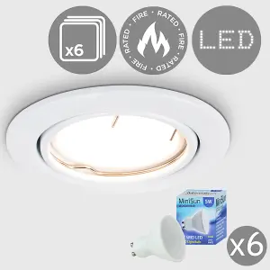 ValueLights Downlight Tiltable Fire Rated White Ceiling Light Fitting 6 Pack With Cool White Bulbs