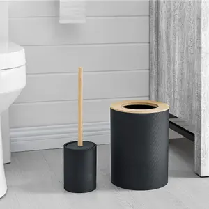 LIVIVO 6pc Bathroom Set w/ Bamboo Trim - Toothbrush & Toilet Brush Holder, Lotion Dispenser, Soap Dish & Trash Bin - Black