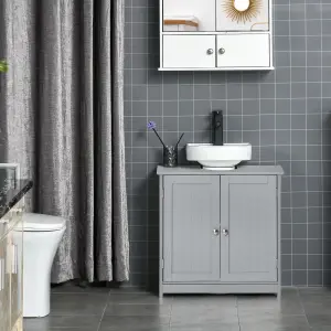 kleankin 60x60cm Under-Sink Storage Cabinet w/ Adjustable Shelf Drain Hole Grey