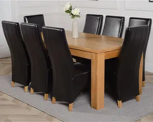 Dakota 182 x 92 cm Chunky Oak Large Dining Table and 8 Chairs Dining Set with Lola Black Leather Chairs