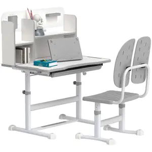 AIYAPLAY Kids Desk and Chair Set w/ Tiltable Desktop Reading Rack - Grey