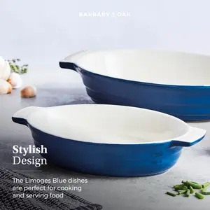 Barbary & Oak B0875002BLU Foundry Ceramic Oval Oven Dish With One Large And One Small Dish, Limoges Blue Limoges Blue