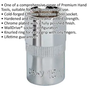 Premium 15mm Forged Steel Drive Socket - 1/2 Inch Square Drive with Polished Chrome Finish