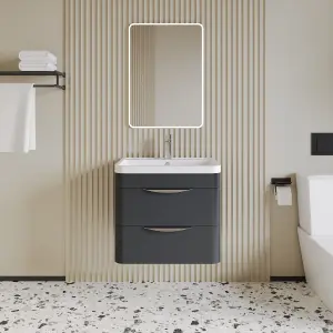 Wall Hung 2 Drawer Vanity Unit with Polymarble Basin - 600mm - Soft Black