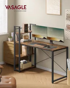 VASAGLE Computer Desk, Writing Desk With Storage Shelves On Left Or Right,  Easy Assembly,  Rustic Brown And Black,Ebony Black