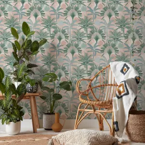 furn. Malaysian Palm Blush Pink/Green Tropical Printed Wallpaper