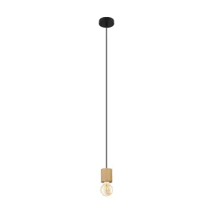 Pendant Ceiling Light 1 x Round Brown Wood Bulb Holder Long Flex Bulb E27 28W