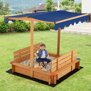 Costway Kids Wooden Sandbox with Canopy Kids Play Station with 2 Benches