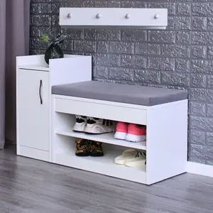 White Shoe Racks Storage Bench with Coat Stand & Shelf Combo - Grey Cushion Shoe Storage Seat - Wallet and Key Holder Organizer