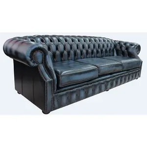 Chesterfield 4 Seater Antique Blue Leather Sofa Bespoke In Buckingham Style