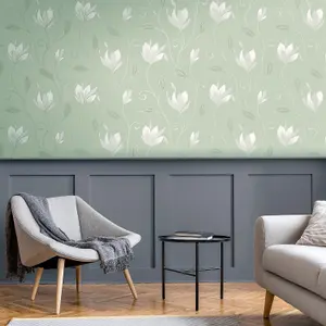 Crown Synergy Floral Green Wallpaper Glitter Silver Modern Feature Wall Vinyl