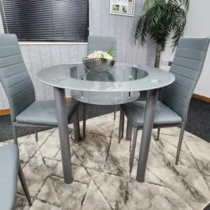 Round Glass Grey Kitchen Dining Table With Storage Shelf And 4 Grey Metal Chairs Set