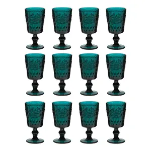 Set of 12 Luxury Embossed Dark Green Drinking Wine Glass Wine Goblets 290ml