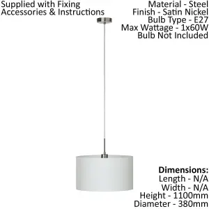 Pendant Ceiling Light Colour Satin Nickel Steel Shade White Fabric Bulb E27 1x60W