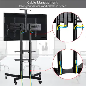 Yaheetech Black Height Adjustable Mobile TV Stand with Lockable Wheels and Storage Shelves