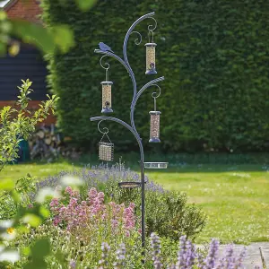 Wild Wings Bird Feeding Station with Water Dish, Feed Tray, Suet Cake Holder, 1 Peanut & 2 Seed Hanging Feeders - H240 x W58cm