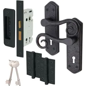 AFIT Curly Black Antique Door Handle on Backplate Sashlock Kit / Pack - 64mm Lock 76mm Hinges