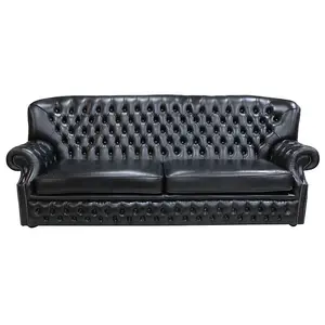 Chesterfield 4 Seater Old English Black Leather Sofa Bespoke In Monks Style