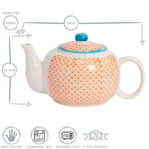 Nicola Spring - Hand-Printed Teapot - 820ml - Orange