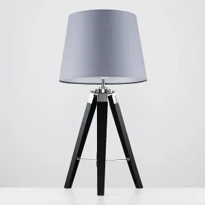 ValueLights Clipper Modern Black Wood and Silver Chrome Tripod Table Lamp with Grey Light Shade