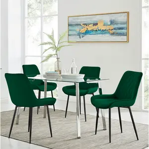 Cosmic Luxury Glass and Chrome Dining Table Set with 4 Luxury Velvet Dining Chairs Green/Black