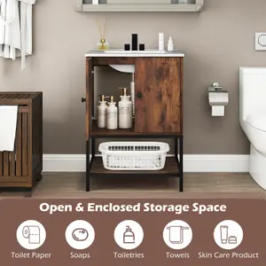 COSTWAY Bathroom Vanity Unit with Basin Rustic Floor Basin Cupboard Ceramic Sink