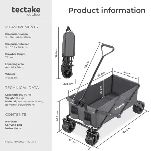 Garden Trolley - foldable with wide wheels, 2 pockets, transport bad, 80 kg capacity - grey