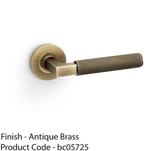 SOLID BRASS Knurled Door Handle Set - Antique Brass Angled Lever On Round Rose