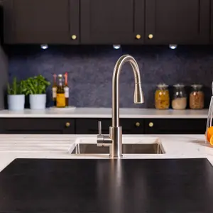 Flode Runda Kitchen Sink Mixer with Pull out Spray Brushed Steel Oval Head