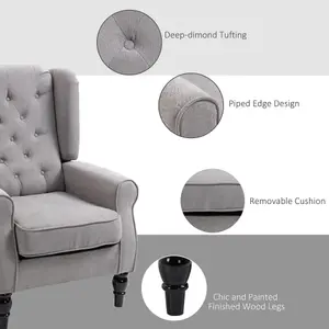 HOMCOM Accent Armchair Home Furniture Retro Tufted Club Wood Fabric Grey