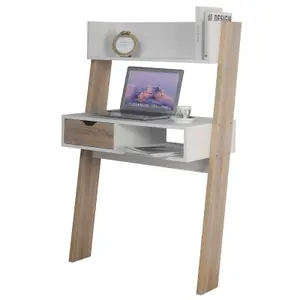 URBNLIVING Height 120Cm Ladder Desk 1 Drawer Shelf Wooden Colour White & Oak Bedroom Computer Table Work Office