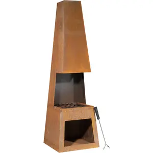 45x150cm Corten Steel Chiminea Wood Burner with Firewood Storage for Outdoor Heating