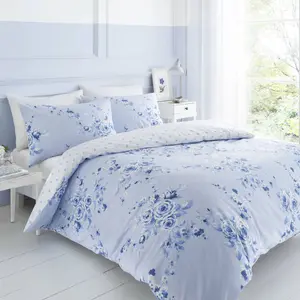 Canterbury Floral Reversible Double Duvet Cover Set with Pillowcases with Pillowcases Cornblue / Single - 1 Standard Pillowcase