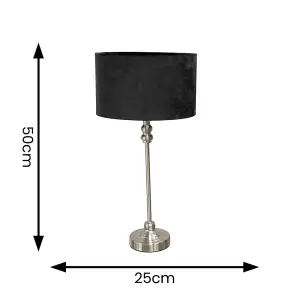 ValueLights Maggie Brushed Chrome Candlestick Slim Table Lamp with Black Velvet Drum Lamp Shade and LED Bulb