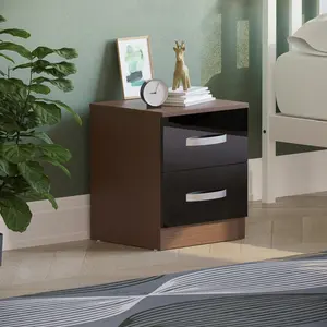 Arkadij 2 Drawer Beside Table With Metal Runners, Modern Bedroom Storage Cabinet Black/Walnut