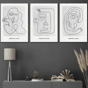 Set of 3 Grey Abstract Line Art Faces Wall Art Prints / 42x59cm (A2) / White Frame