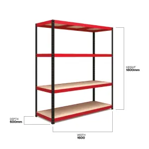 RB BOSS Garage Shelving Unit 4 Shelf MDF Red & Black Powder Coated Steel (H)1800mm (W)1600mm (D)600mm