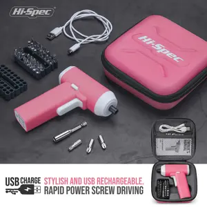 Hi-Spec 34pc 3.6V Pink Compact Electric Power Screwdriver & Bit Set. USB Rechargeable Battery for Cordless Screwdriving