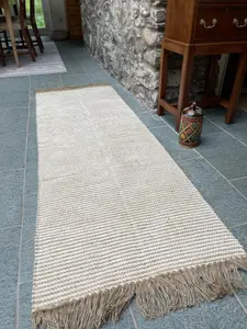 Colva Thin Rug Cotton and Jute Yarn in Natural Striped Design / 70 cm x 200 cm