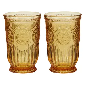 Set of 2 Luxury Embossed Yellow Tall Drinking Glass Tumblers 330ml